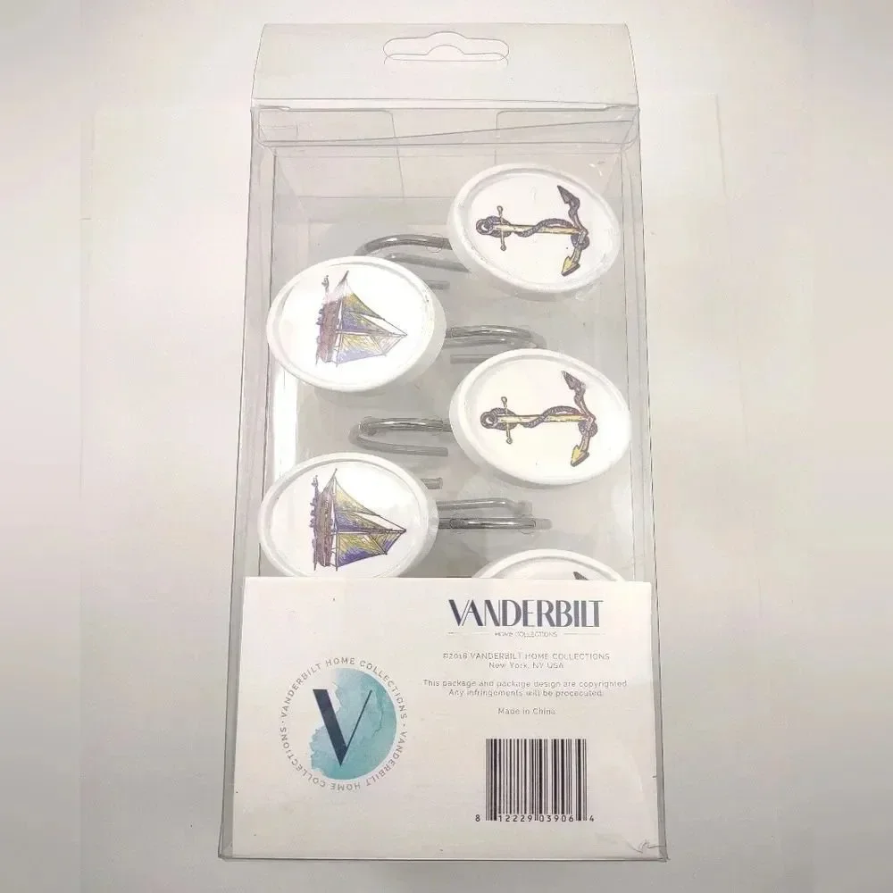 Vanderbilt Nautical Shower Hooks Set of 12 Anchors and Ships Oval Design NWT
